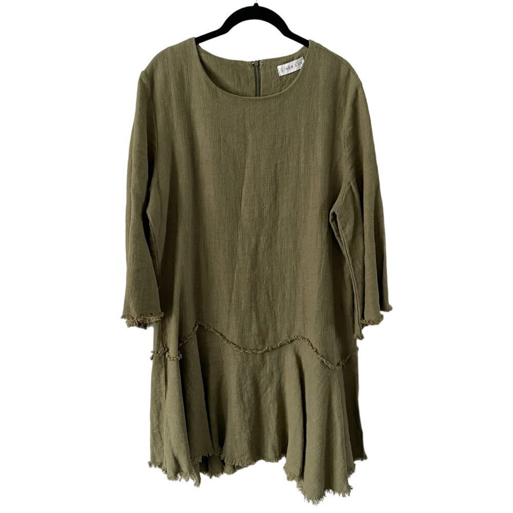 Linen Lux 3/4 Sleeves Raw Hem Crew Neck Linen Blend Mini Dress Army Green 12